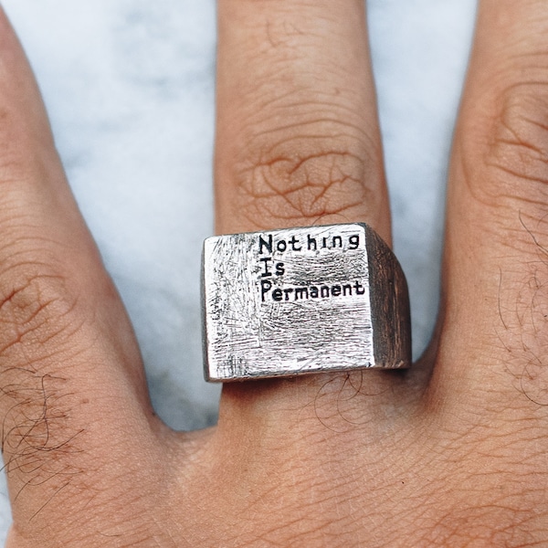 Pink Silver Ring, Pinky Ring Men, Nothing Is Permanent Ring, Sterling Silver Esoteric Ring, Mens Square Ring, Gothic Jewelry, Statement