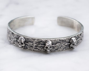 Silver Skull and Arrow Cuff Bracelet for Men or Women | Sterling Silver Gothic Rustic Skull Jewelry