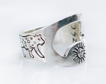 Silver bottle opener ring by JewelryLabBali® - Jaguar and sun ring unique mens jewelry gift for him - Cool animal rings for men and women