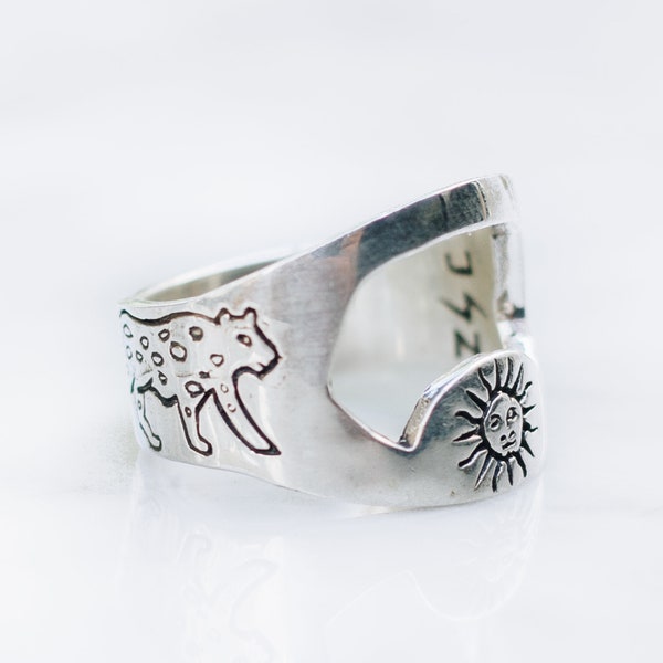Silver Bottle Opener Ring | Jaguar Cat and Sun Ring for Women and Men, Unique Jewelry Gifts