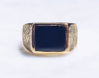 Gold Brass Black Onyx Ring |  Square Ring, Flat Face Ring for Men and Women, Onyx Jewelry for Men, Mens Black Ring