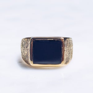 Gold Brass Black Onyx Ring |  Square Ring, Flat Face Ring for Men and Women, Onyx Jewelry for Men, Mens Black Ring