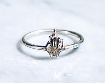 Sterling Silver Flipping Off Ring | Grunge Rings for Women Men, Middle Finger Rocker Ring, 925 Sterling Silver Punk Ring