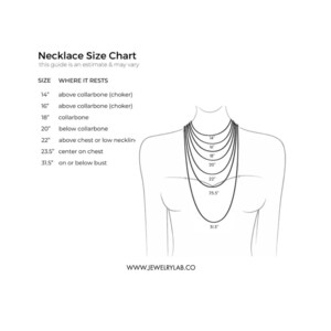 May include: A necklace size chart with a line drawing of a person wearing necklaces of different lengths. The chart shows where each length of necklace will rest on the body, from 14 inches to 31.5 inches. The chart also includes the text "Necklace Size Chart" and "WWW.JEWELRYLAB.CO".
