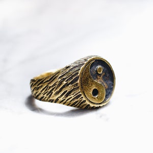 Yin and Yang Ring in Gold Brass, Martial Arts Jewelry for Women Men, Chinese Philosophy, Pinky Ring, Antiqued