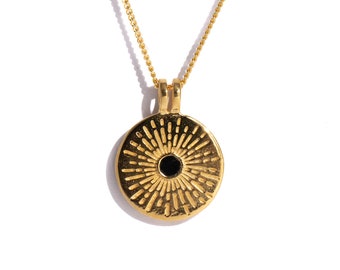 Gold Pendant Men, Black Onyx Necklace, Sun Moon Pendant, Viking Jewelry, Celestial Pendant, Round Medallion Pendant,24K Gold Dipped Necklace