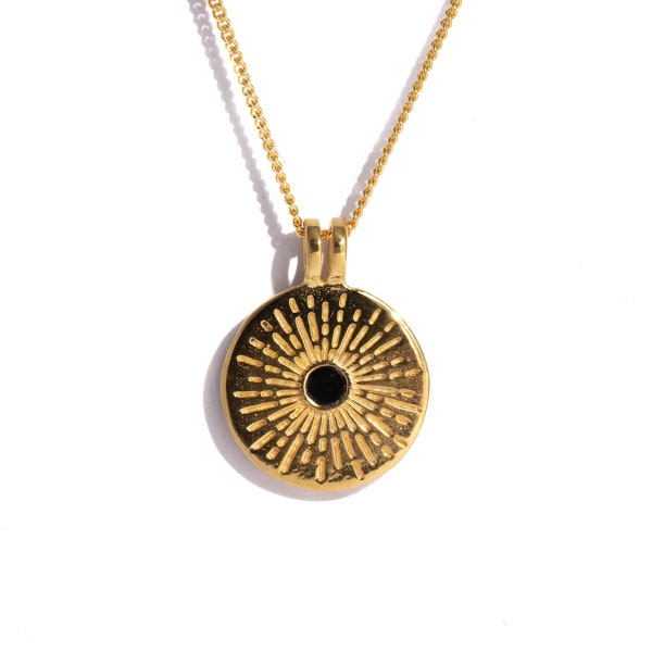 Gold Black Onyx Necklace for Women, Men, 24K Gold Sun Moon Necklaces, Round Disc Gold Pendant with Chain