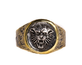 Panther Ring, Messing und Sterlingsilber, Panther Kopfring, Panther Schmuck, handgemachter einzigartiger Ring, Tierring, robuste Band