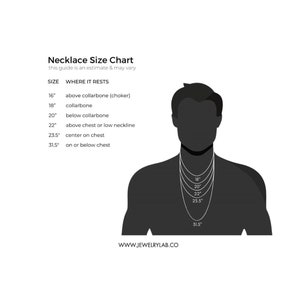 May include: A necklace size chart with a silhouette of a person wearing necklaces of different lengths. The chart shows the length of each necklace in inches, along with where it rests on the body. The lengths are 16 inches, 18 inches, 20 inches, 22 inches, 23.5 inches, and 31.5 inches.
