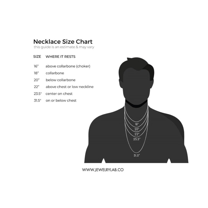 May include: A necklace size chart with a silhouette of a person wearing necklaces of different lengths. The chart shows the length of each necklace in inches, along with where it rests on the body. The lengths are 16 inches, 18 inches, 20 inches, 22 inches, 23.5 inches, and 31.5 inches.