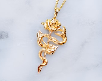 Snake Necklace, 24K Gold Plated Pendant, Snake And Rose Necklace, Mens Gold Pendant, Jewelry For Women, Serpent Necklace, Cool Necklace
