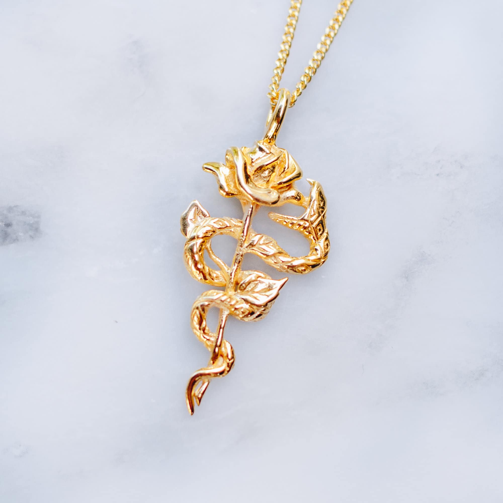 Snake and Rose Necklace 24K Gold Plated 