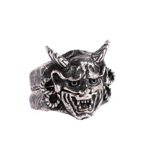 Hannya Mask Ring Sterling Silver, 2 Stacked  Rings, Japanese Oni Mask, NOH Mask Ring, Japanese Demon Mask, Gothic Jewelry, Birthday Gift