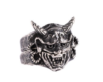 Hannya-maskerring sterlingzilver, 2 gestapelde ringen, Japans onimasker, NOH-maskerring, Japans demonenmasker, gotische sieraden, verjaardagscadeau