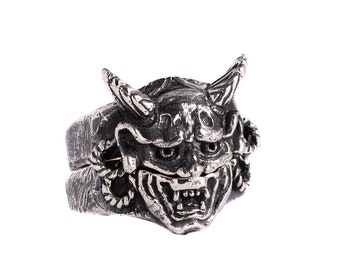 Hannya Mask Ring Sterling Silver, 2 Stacked  Rings, Japanese Oni Mask, NOH Mask Ring, Japanese Demon Mask, Gothic Jewelry, Birthday Gift