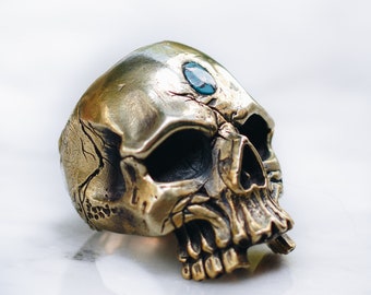 Gold brass skull ring men with turquoise centerpiece  ~ Cool rings for men best gothic death jewelry for Halloween costume accessory
