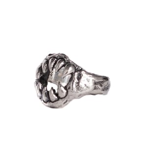 May include: A silver-colored ring with a detailed design of a beast's claw. The ring features sharp claws and a textured surface, creating a bold and unique accessory. The ring is a statement piece.