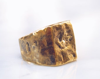 Square Abstract Ring in Gold Brass | Mens Pinky Rings, Hammered Rugged Oxidized, Flat Top