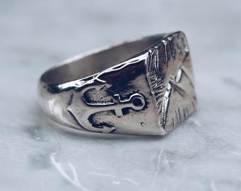 Silver Mountain Band Ring | Mountain Silver Band Ring, Vintage Anchor Ring, Palm Tree Ring, Engraved Ring Mens, Gift for Him, Anchor Rings