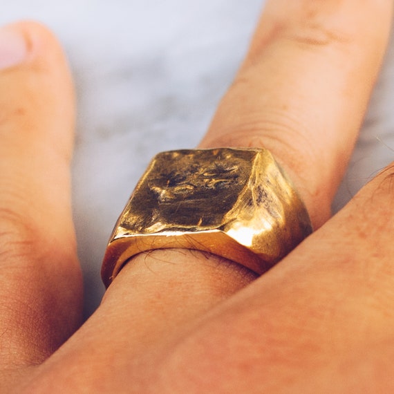 Square Abstract Ring in Gold Brass Mens Pinky Rings Hammered