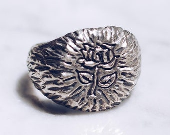 Engraved Rose Ring Silver | Rose Rings for Women, Mens Silver Ring, Signet Ring, Rustic Vintage Antique Style Silver Ring