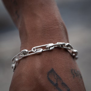 925 Sterling Silver Safety Pin Bracelet, Chunky Punk Rock Gothic Chain Bracelet, Festival Jewelry, Chunky Silver Bracelet, Burning Man Gift