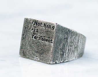 Nothing Is Permanent Ring in Sterling Silver for Men and Women | Ancient Flat Square Ring, Esoteric Jewelry