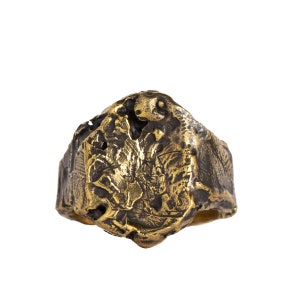 Gold Brass Rustic Mens Ring, Abstract Artistic Rings for Men, Women, Cool Handmade Ancient Ring, Rock and Roll