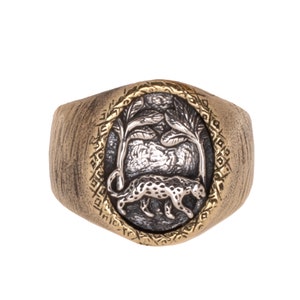 Jaguar Rings for Men |  Tropical Palm Tree Jewelry, Mixed Metal Brass and Silver Pinky Ring