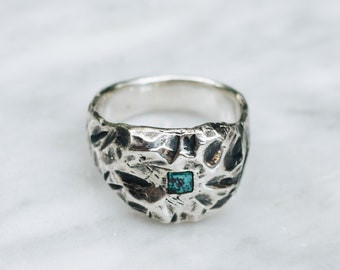 Mens Turquoise Ring, Pinky Ring, Unique Chunky Ring, Hammered Sterling Silver Ring, Ancient Ring, Alternative Ring, Rustic Ring, Punk Ring