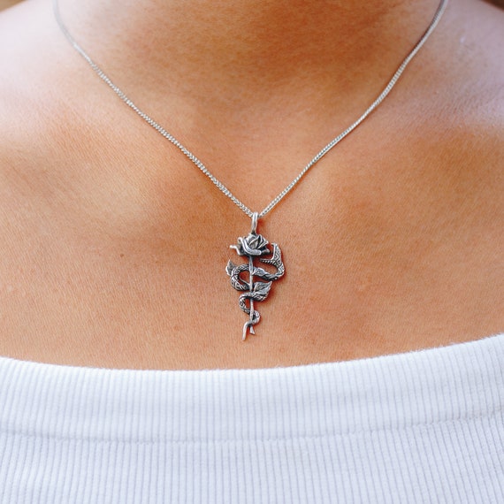 Snake and Rose Necklace Sterling Silver 