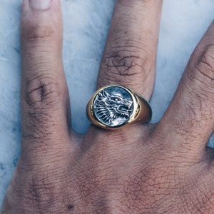 Puede incluir: Un anillo de oro con un diseño de cabeza de lobo de plata. El anillo se lleva en el dedo de una persona.