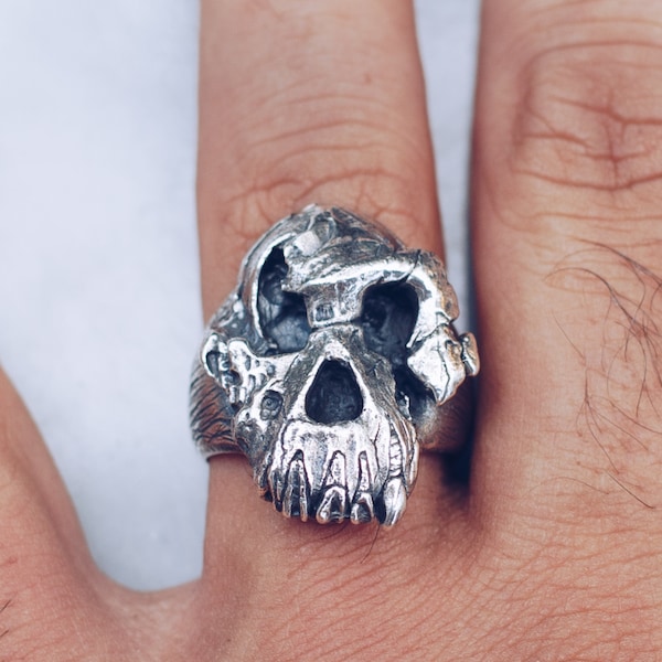 Erster menschlicher Totenkopf Ring in Sterling Silber Antiquitäten Schmuck ~ Herren Schmuck für Halloween ~ Cooler Gothic Ring