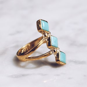 Turquoise Ring, Summer Style, Gold Jewelry Gift, Brass Ring For Women, Western Statement Ring, Gemstone Ring, Triple Stone Ring, Alternative