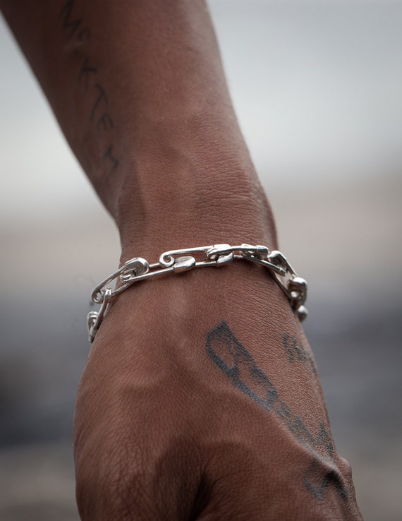 Safety Pin Bracelet, Mens Punk Jewelry, Sterling Silver