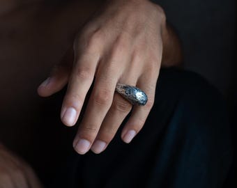 Handmade Heavy Textured Silver Ring, Crater Ring, Modern and Organic Ring, Oxidized Band for Men & Women, Unique Artistic Jewelry