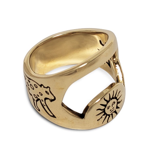 Brass Bottle Opener Ring | Jaguar Cat and Sun Rings for Men and Women, Unique Gold Brass Jewelry