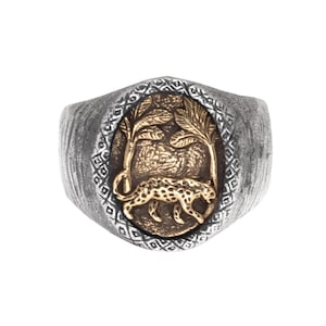 Jaguar Ring, Palm Tree Ring, Mixed Metal Ring, Summer Style, Tropical Ring, Leopard Ring for Men, Pinky Ring, Silver and Brass Jewelry