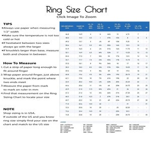May include: A ring size chart with a table showing circumference and diameter measurements in millimeters, along with corresponding ring sizes for different countries. The chart includes tips on how to measure your ring size using a strip of paper.