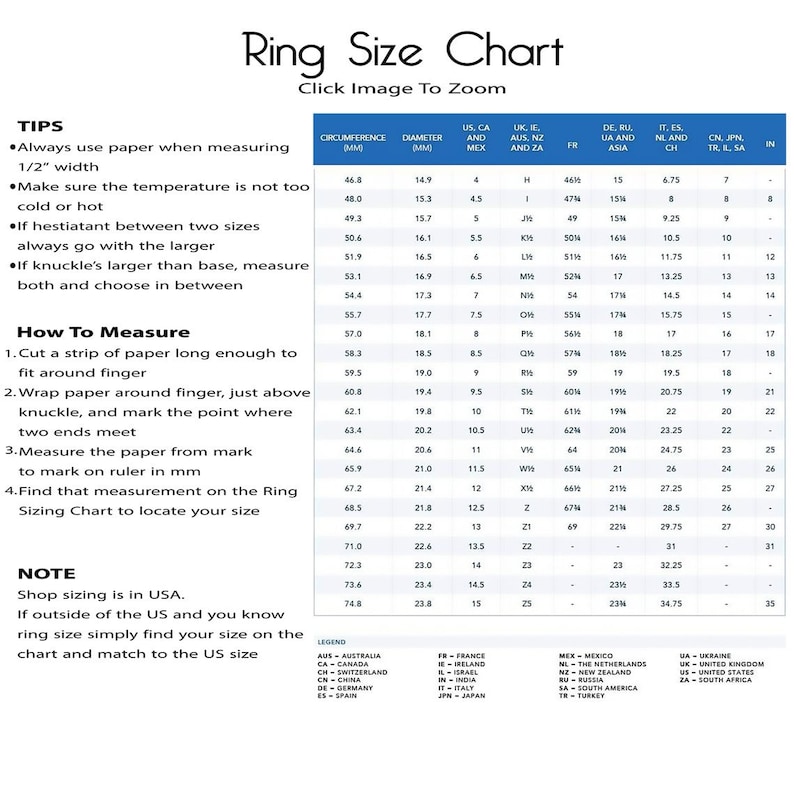 May include: A ring size chart with a table showing circumference and diameter measurements in millimeters, along with corresponding ring sizes for different countries. The chart includes tips on how to measure your ring size using a strip of paper.