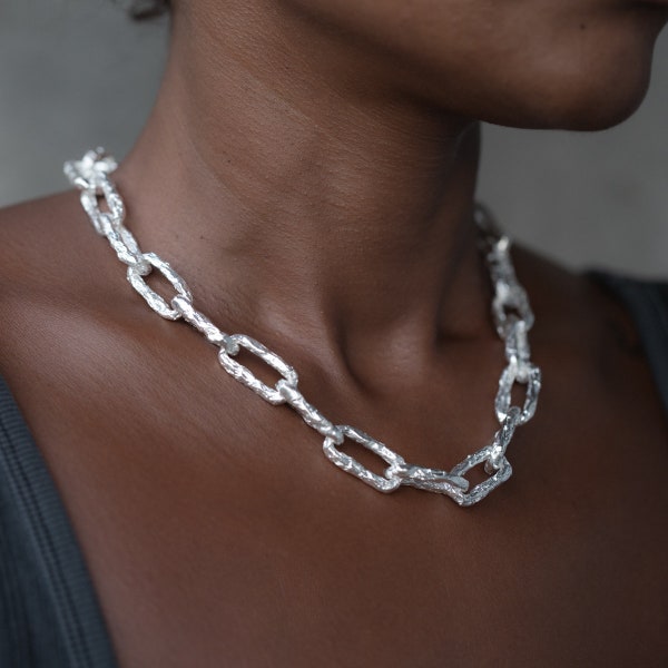 ULA X NECKLACE | Crinkled Silver Chain Link Necklace, Chunky Sterling Silver Necklace