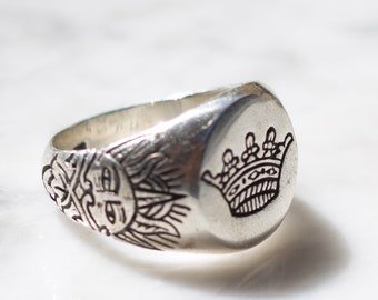 Ring With Crown and Sun | Sterling Silver Pinky Ring, Sun Rise Ring, Crown Ring, Sun Ring, Mens or Womens Ring Size