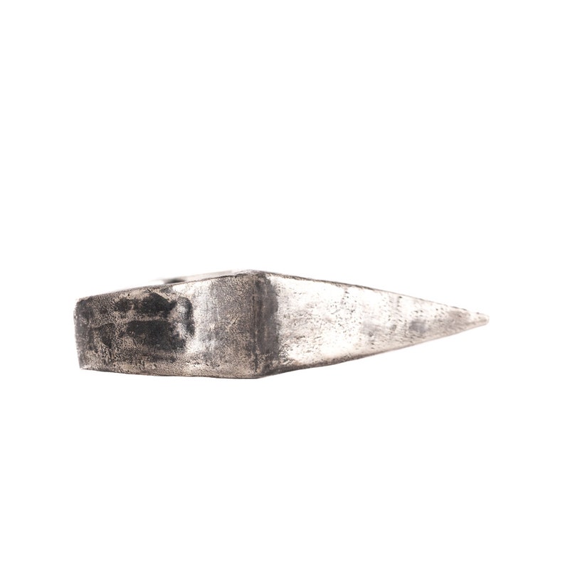May include: A silver metal axe head with a slightly rounded edge. The axe head is worn and has a dark patina.