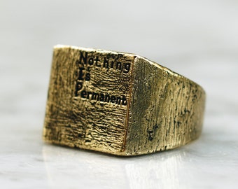 Nothing Is Permanent Brass Ring for Men and Women | Square Flat Top Ring with Words, Esoteric Jewelry