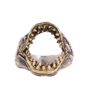 Shark Ring - Hand Engraved Shark Jaw Ring 925 Sterling Silver Brass Vintage Rugged