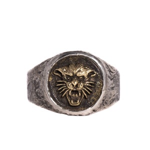 Mixed Metals Panther Ring, Sterling Silver and Brass, Rugged Band with Panther Head, Unique Design Jewelry, Gift for Men, Unisex Jewelry