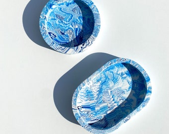 Blue Marbled Jesmonite Trinket Tray Oval / Round