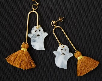 DaJazzy Boo & Orange Broom 18k gold plated brass drop earrings, Halloween collection, Fun Cute Earrings, Luxury Boho Bohemian earrings