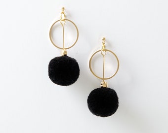 DaJazzy Black pompom 18k gold plated brass drop earrings, One of a Kind earrings, Black Gold Luxury earrings