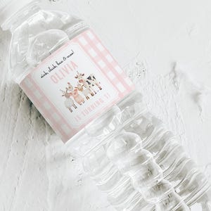 Farm Animals Editable Water Bottle Labels, Oink Cluck Baa Moo Barnyard 1st Birthday, Pink Gingham Girl Farm Party, Printable Bottle Wraps